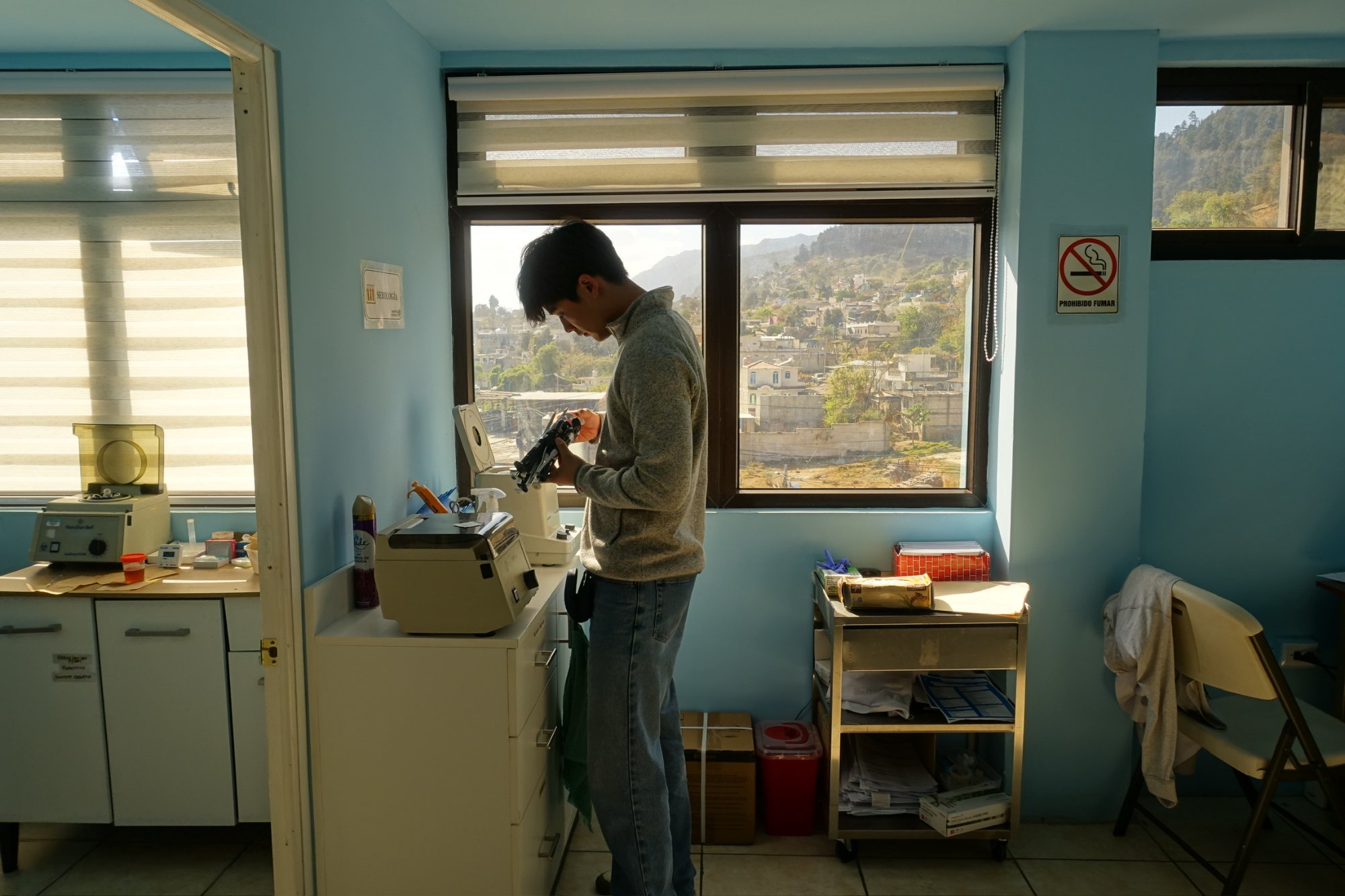 Inspecting medical equipment at the clinic